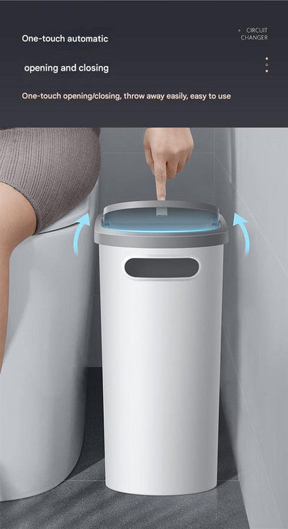 Slim Press-Top Trash Can with Top Storage Compartment - Narrow Design for Bathroom & Small Spaces(White cover + ash bucket)