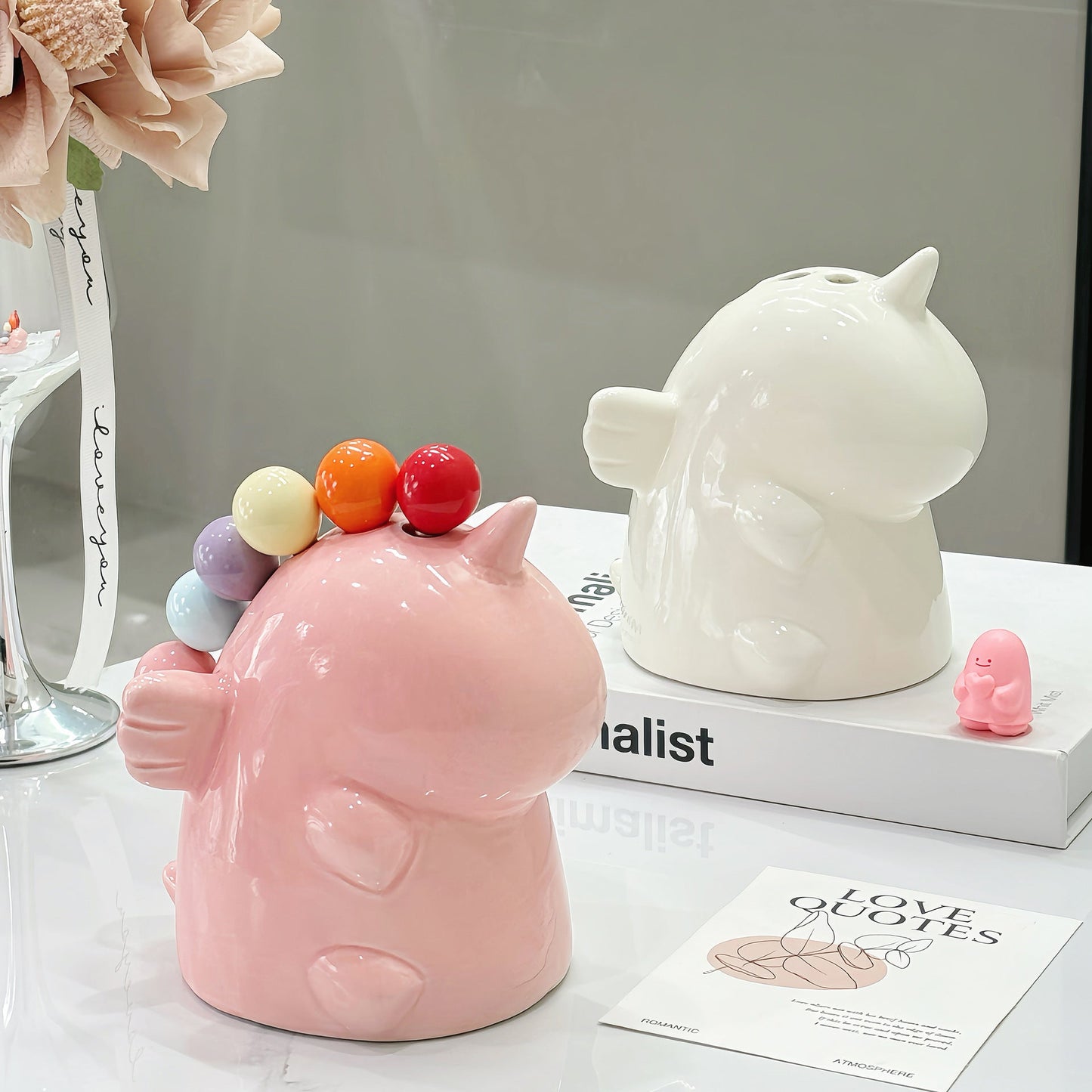 Adorable Unicorn Ceramic Fruit Fork Holder Set - Includes Stainless Steel Forks with Ball Tops(pink)