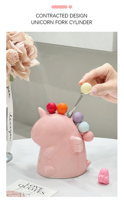Adorable Unicorn Ceramic Fruit Fork Holder Set - Includes Stainless Steel Forks with Ball Tops(yellow)