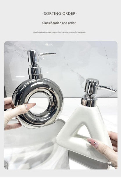 Modern Ceramic Soap & Lotion Dispenser - Unique Geometric Designs, 300ml Capacity(Triangular lotion bottle, silver)