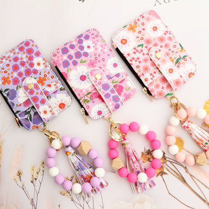 Floral Slim Card Holder Wallet with Beaded Keychain Bracelet & Tassel - 4 Card Slots, ID Window(Light pink)