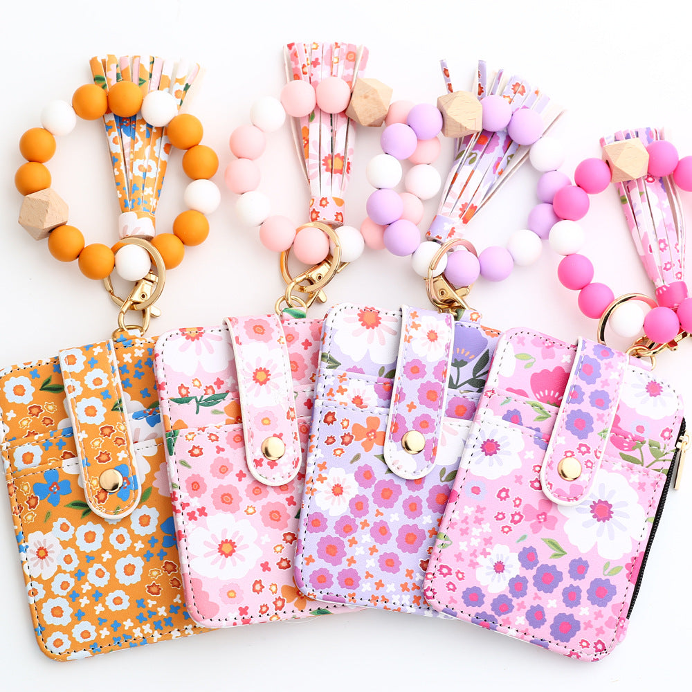 Floral Slim Card Holder Wallet with Beaded Keychain Bracelet & Tassel - 4 Card Slots, ID Window(Dark Pink)