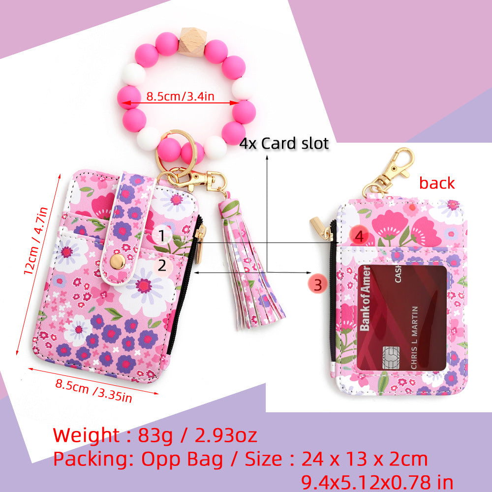 Floral Slim Card Holder Wallet with Beaded Keychain Bracelet & Tassel - 4 Card Slots, ID Window(Dark Pink)