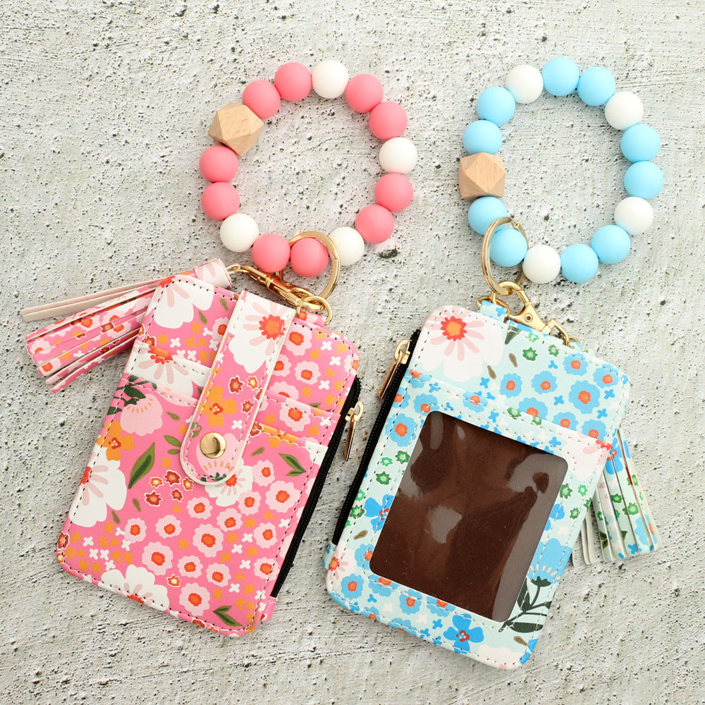 Floral Slim Card Holder Wallet with Beaded Keychain Bracelet & Tassel - 4 Card Slots, ID Window(Yellow)