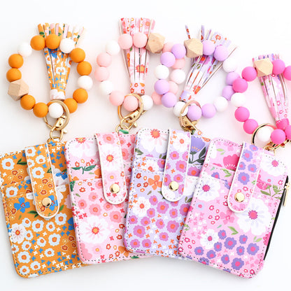 Floral Slim Card Holder Wallet with Beaded Keychain Bracelet & Tassel - 4 Card Slots, ID Window(Light purple)