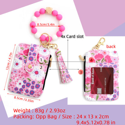Floral Slim Card Holder Wallet with Beaded Keychain Bracelet & Tassel - 4 Card Slots, ID Window(Light purple)