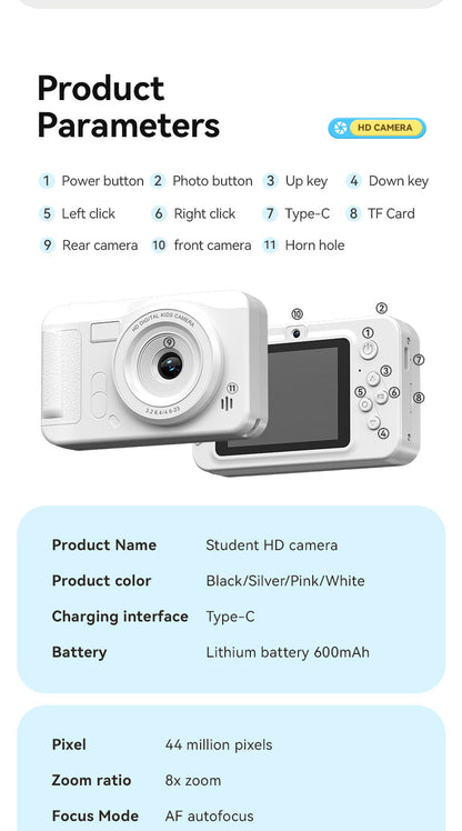 Student HD Digital Camera - 44MP, 8x Zoom, Autofocus, Dual Lens, Type-C Charging (Pink)
