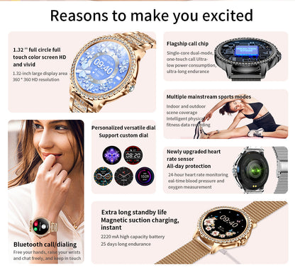 Elegant Women's Smartwatch,HD Touchscreen, Bluetooth Calls, Health Monitoring(Silver Thin Steel Strip)