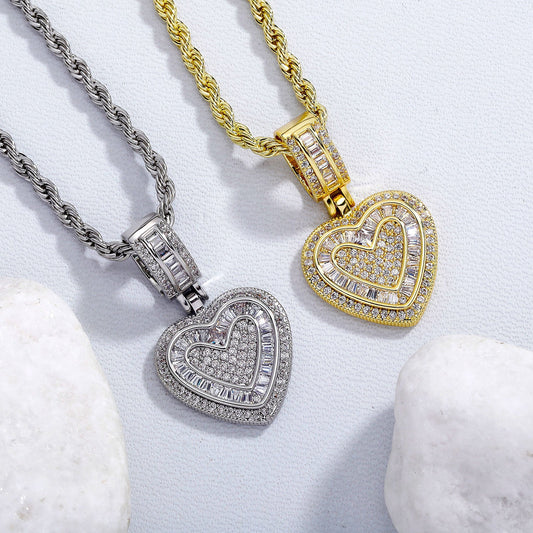 Iced Out Heart Pendant Necklace - 5A+ CZ Stones, 14K Gold Plated with Rope Chain(gold)