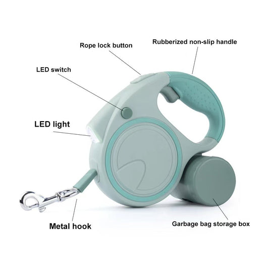 Green 3M Retractable Dog Leash - Built-in LED Light (No Batteries) and Bag Holder