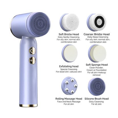 Purple 6-in-1 Electric Facial Cleansing Brush Set - Rechargeable & Waterproof