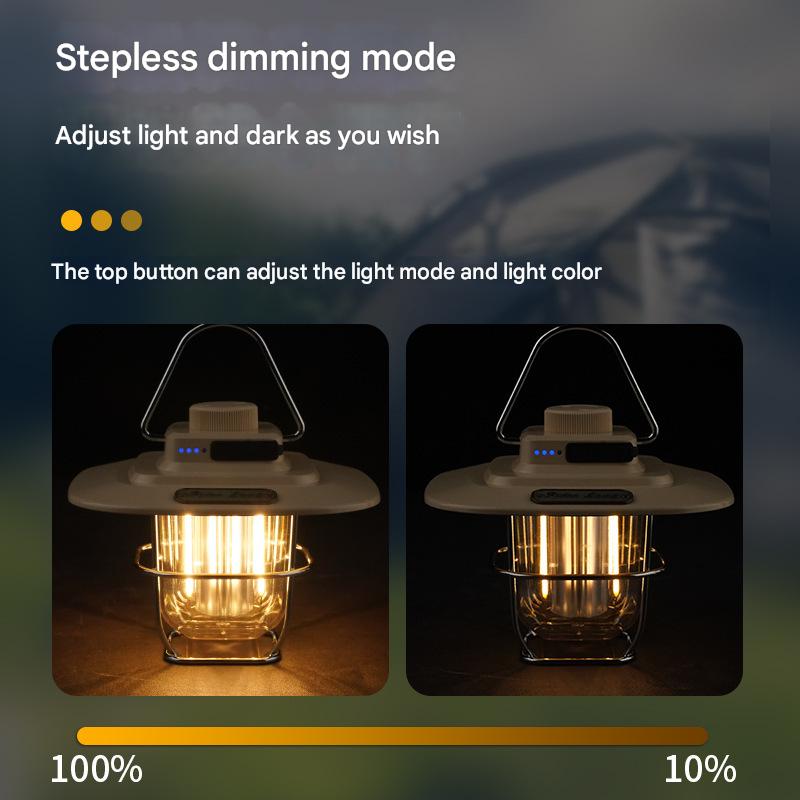 Black Vintage LED Camping Lantern - Rechargeable, Stepless Dimming, Power Bank
