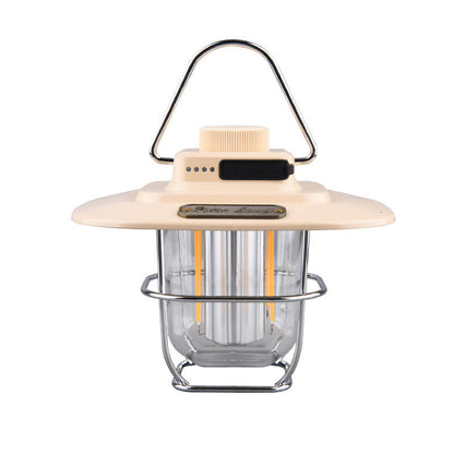 Beige Vintage LED Camping Lantern - Rechargeable, Stepless Dimming, Power Bank