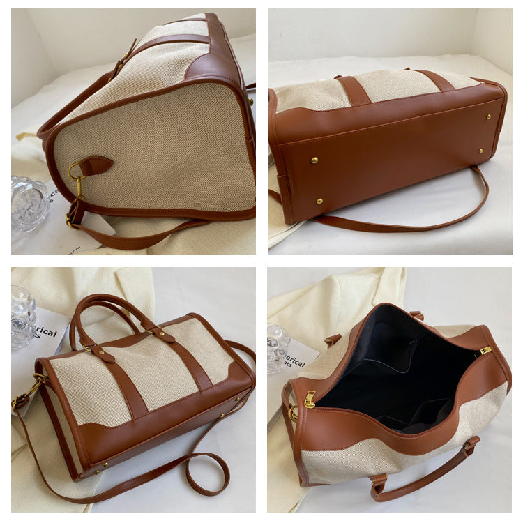 Brown Contrast Color Women's Travel Bag - Canvas & PU Leather Trim Luggage (32x21x14cm)