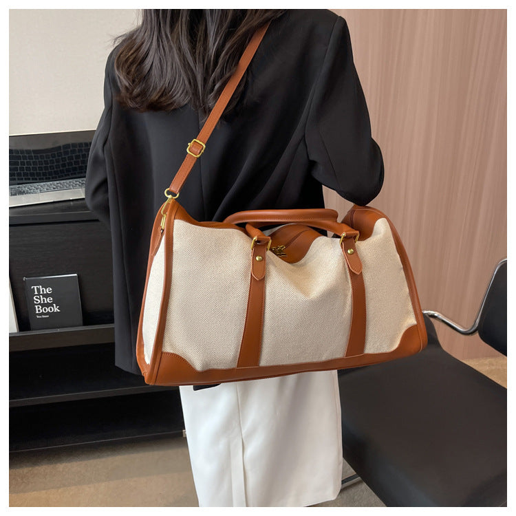 Brown Contrast Color Women's Travel Bag - Canvas & PU Leather Trim Luggage (32x21x14cm)