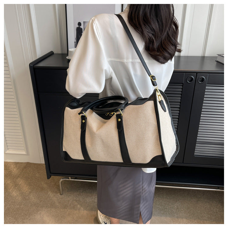Black Contrast Color Women's Travel Bag - Canvas & PU Leather Trim Luggage (32x21x14cm)