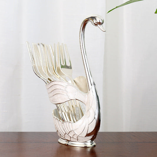 Elegant Swan Base Spoon Holder Set with 6 Coffee/Dessert Spoons(Silver fork)
