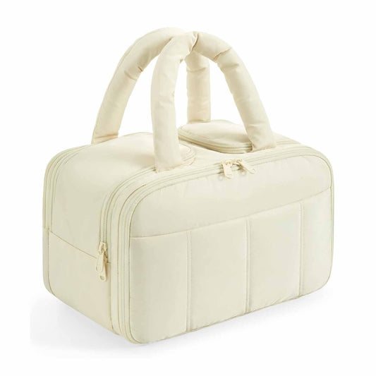 White Puffy Travel Wash Bag with Wide-Mouth Access and Wet-Dry Pockets