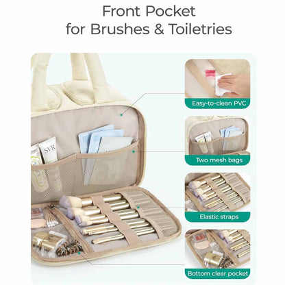 Black Puffy Travel Wash Bag with Wide-Mouth Access and Wet-Dry Pockets