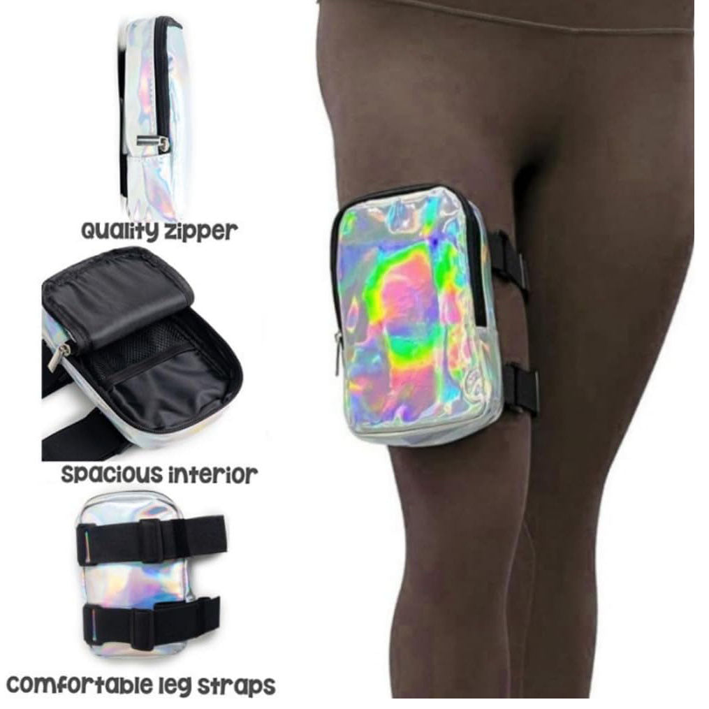 Silver Shiny Holographic Thigh Holster Bag - Hands-Free Festival & Hiking Gear