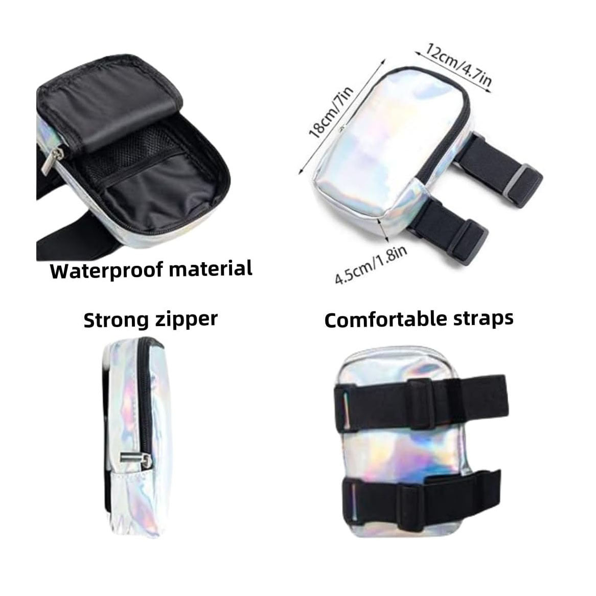 Silver Shiny Holographic Thigh Holster Bag - Hands-Free Festival & Hiking Gear