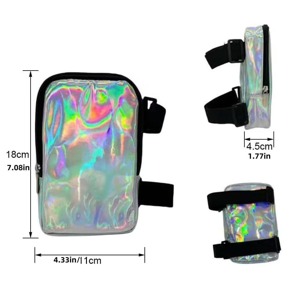 Silver Shiny Holographic Thigh Holster Bag - Hands-Free Festival & Hiking Gear