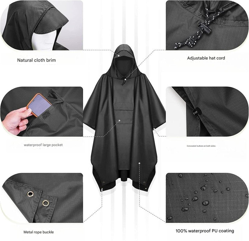 Black Portable Outdoor Camping Poncho - Can be used as Raincoat, Tarp, Ground Cover (Polyester silver coated without pockets)