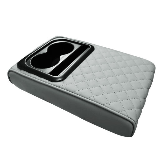 Gray Auto Center Console Armrest Riser Pad with Dual Cup Holders - PU Leather