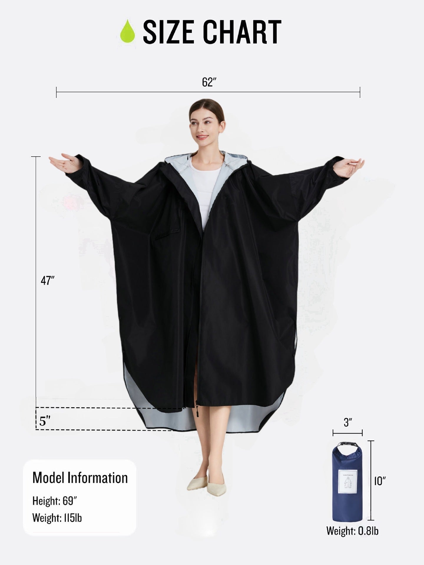 Matcha green Stylish Waterproof Raincoat Poncho - Long, Packable for Outdoor Travel & Hiking