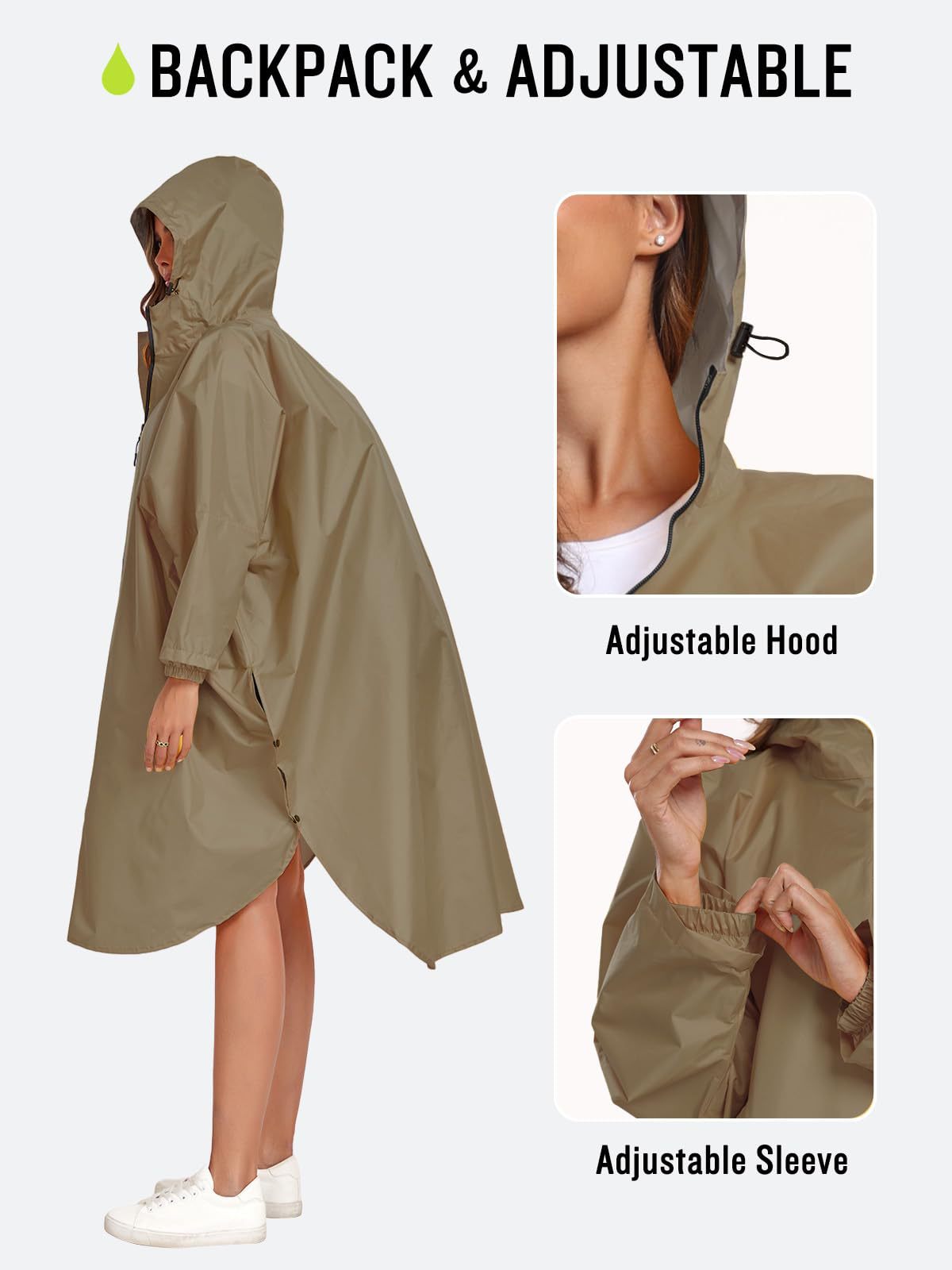 Matcha green Stylish Waterproof Raincoat Poncho - Long, Packable for Outdoor Travel & Hiking