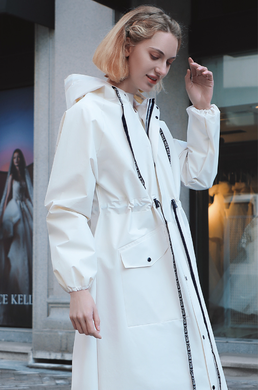 White Women's Long Waterproof Raincoat with Hood and Visor - Stylish Rain Jacket (Size - XL)