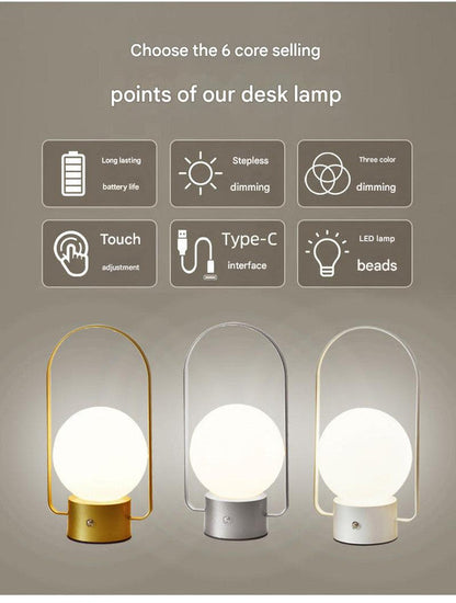 Silver Portable Rechargeable LED Lantern Lamp - Touch Control 3-Color Dimmable Desk Light