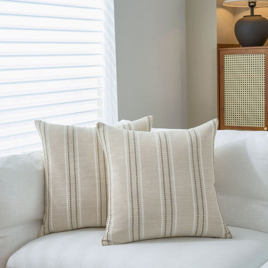 Textured Vertical Striped Pillowcases - Scandinavian Home Decor Accents (Green Stripes Pair - 45x45cm)