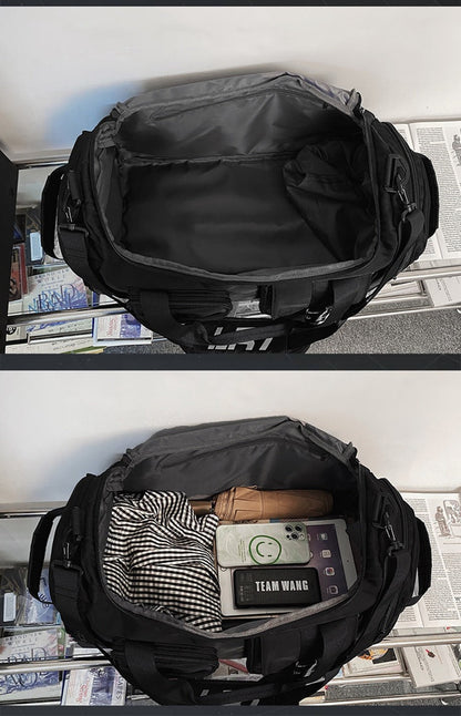 Black Unisex Travel Bag with Utility Buckles and Wet/Dry Compartments