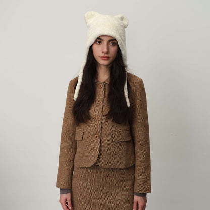 White Fluffy Cat Ear Winter Earflap Hat Women Knitted Warm Cold Weather Cap