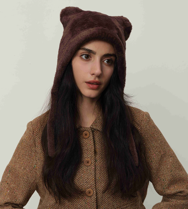 Dark brown Fluffy Cat Ear Winter Earflap Hat Women Knitted Warm Cold Weather Cap