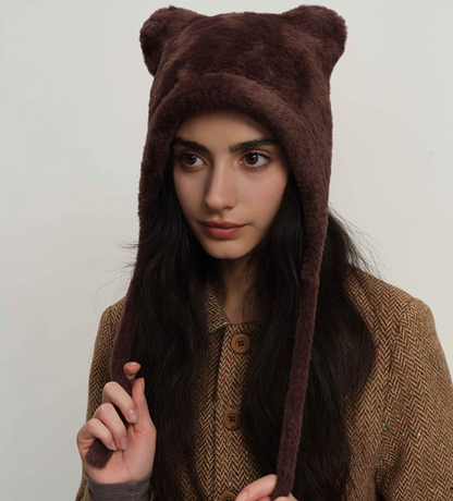 Dark brown Fluffy Cat Ear Winter Earflap Hat Women Knitted Warm Cold Weather Cap