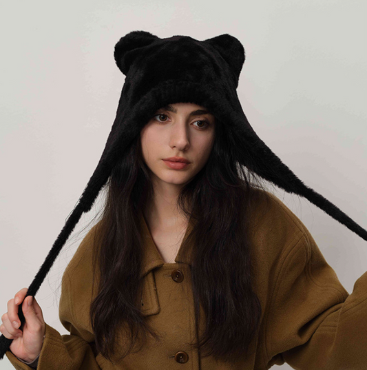 Black Fluffy Cat Ear Winter Earflap Hat Women Knitted Warm Cold Weather Cap