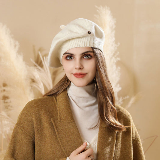 White Vintage Inspired Knitted Beret - Stretchy & Comfortable Wool Blend Cap