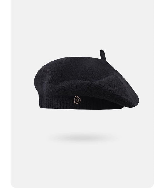 Black Vintage Inspired Knitted Beret - Stretchy & Comfortable Wool Blend Cap