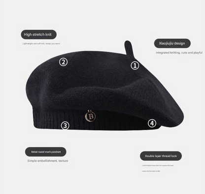 Green Vintage Inspired Knitted Beret - Stretchy & Comfortable Wool Blend Cap