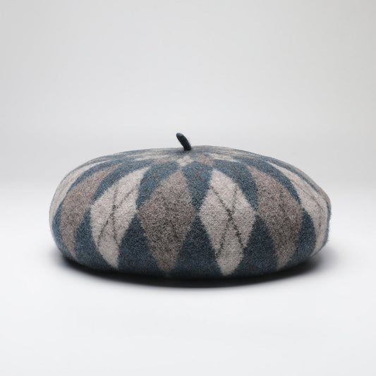 Diamond Colorblock Wool Beret - Stylish Plaid Painter Hat, Warm and Soft - (Blue)