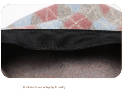 Diamond Colorblock Wool Beret - Stylish Plaid Painter Hat, Warm and Soft - (Blue)