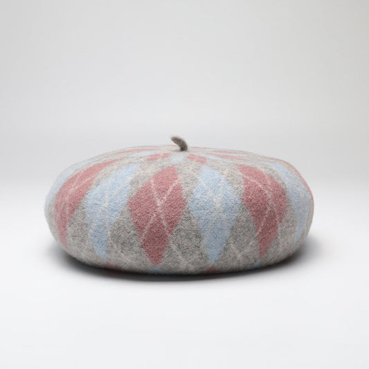 Diamond Colorblock Wool Beret - Stylish Plaid Painter Hat, Warm and Soft - (Pink)