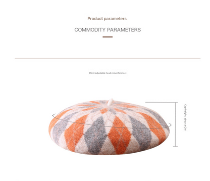 Diamond Colorblock Wool Beret - Stylish Plaid Painter Hat, Warm and Soft - (Yellow)