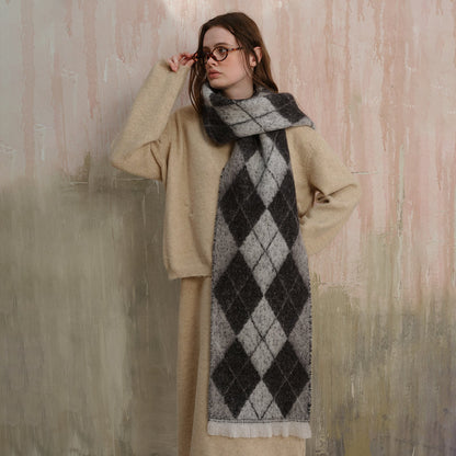 (Black+Grey)Two-Tone Argyle Pattern Scarf - Ladies' Warm Fashion Neckwear, 210x33cm