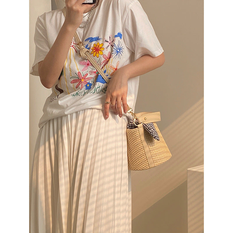 Woven Straw Bucket Bag with Gingham Bow Accent - Mini Top Handle & Crossbody