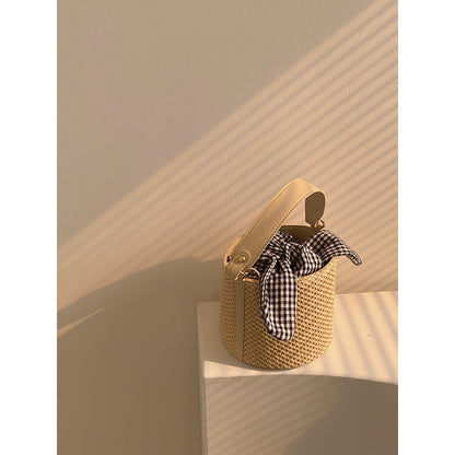Woven Straw Bucket Bag with Gingham Bow Accent - Mini Top Handle & Crossbody