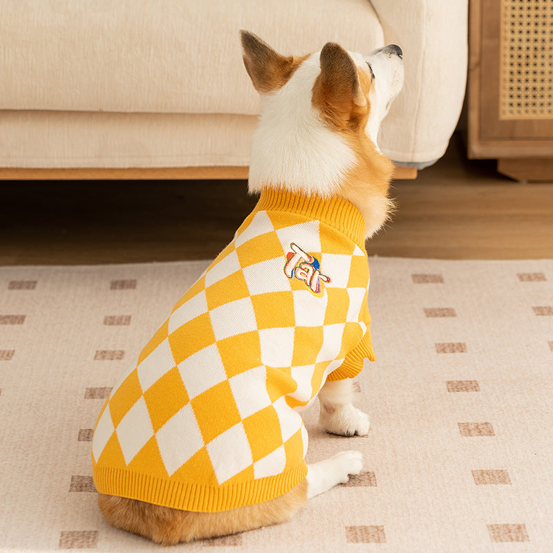 Classic Argyle Dog Sweater - Yellow & White Knit for Corgis & Medium Breeds (Size : L)