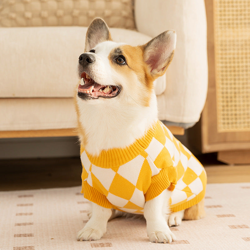 Classic Argyle Dog Sweater - Yellow & White Knit for Corgis & Medium Breeds (Size : L)